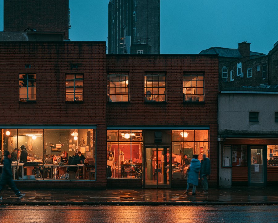 A rain-wet British city street at dusk, with a brick venue glowing amber and people visible inside and on the pavement
