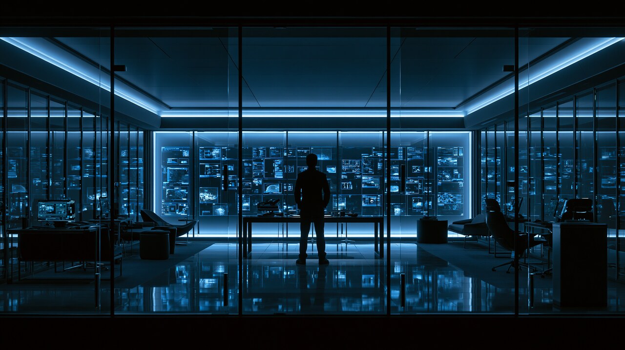 A person standing in a dark blue control room looking towards illuminated screens