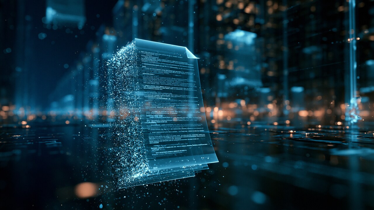 Abstract digital document dissolving into data particles