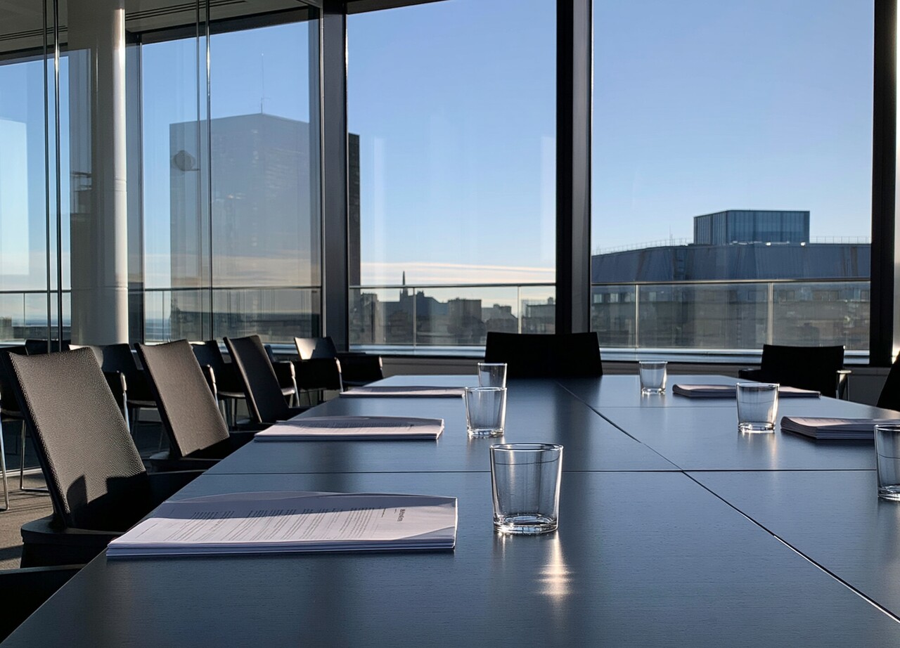 A prepared boardroom table with papers, glasses and chairs ready for a focused business discussion.